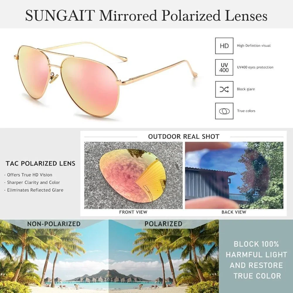 Women's Oversized Aviator Sunglasses Mirrored Polarized Lens 2 Pack UV Protectio